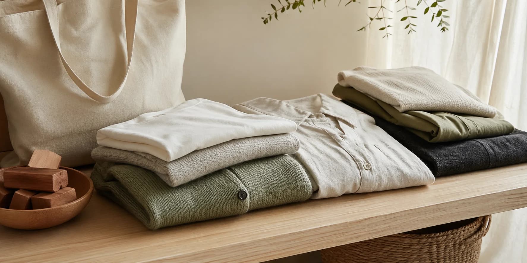 Folded organic cotton, linen, and wool clothing in warm neutral tones on a pale wood bench.