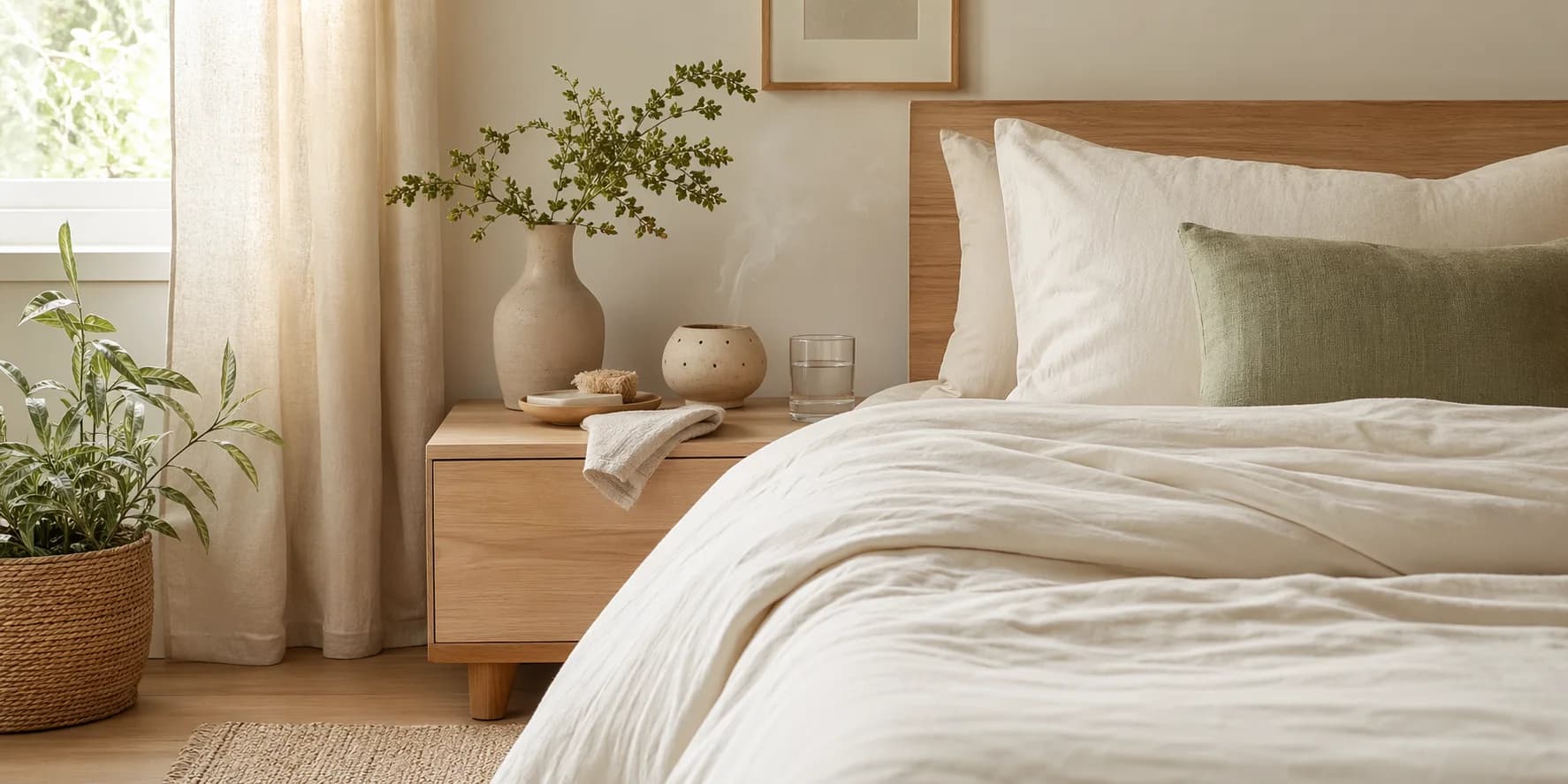Sunlit bedroom with organic bedding, pale wood, plants, and ceramic home essentials.
