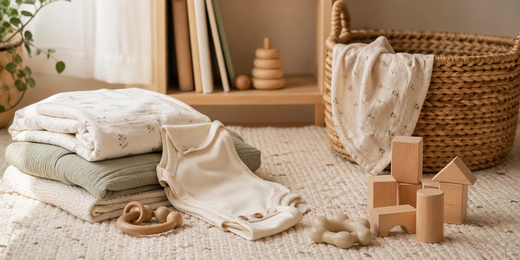 Gentle kids essentials with muslin blankets, cotton clothing, wood toys, and a woven basket.
