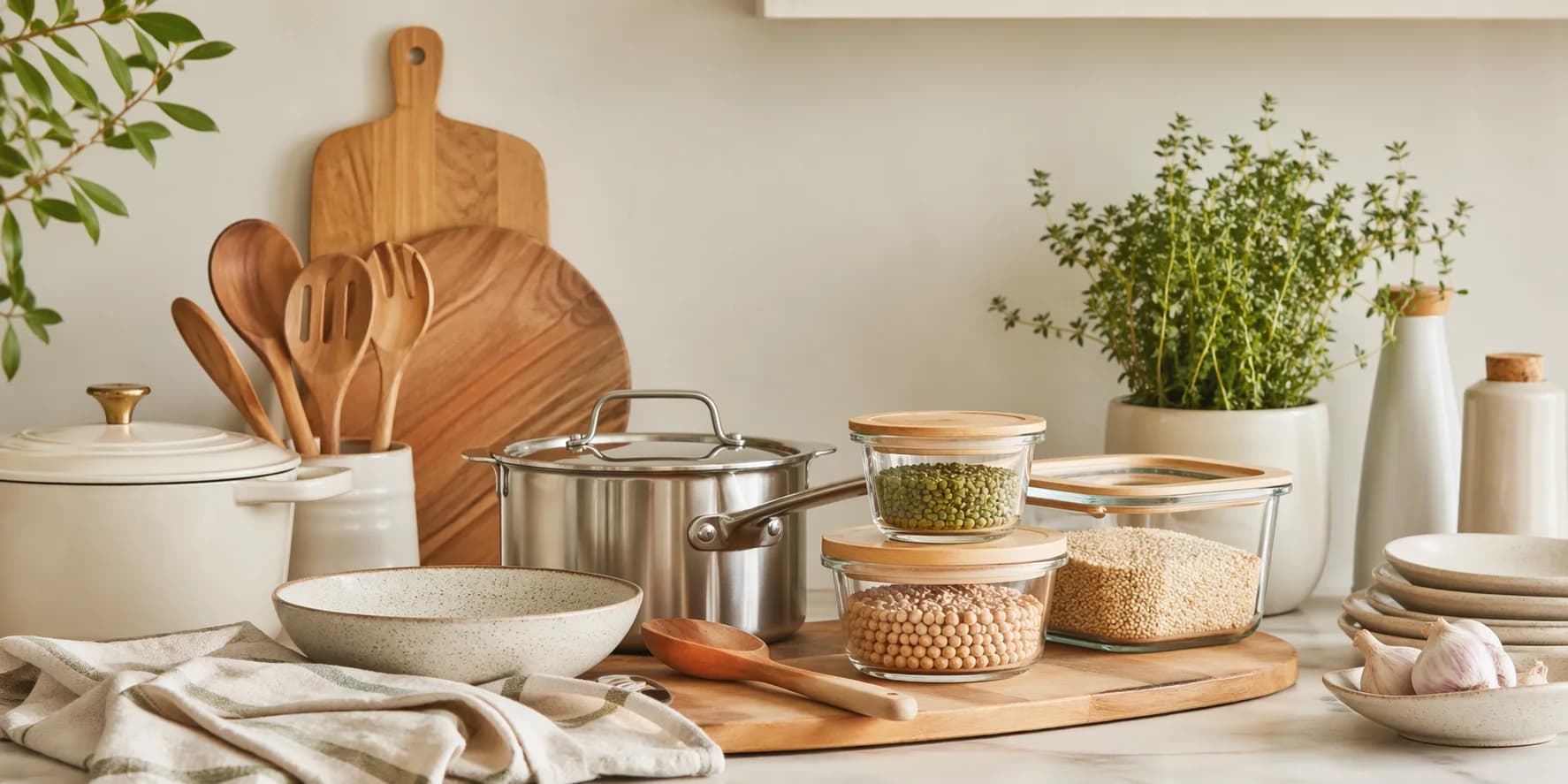 Curated low-tox kitchen essentials with cookware, glass storage, wood utensils, and herbs.